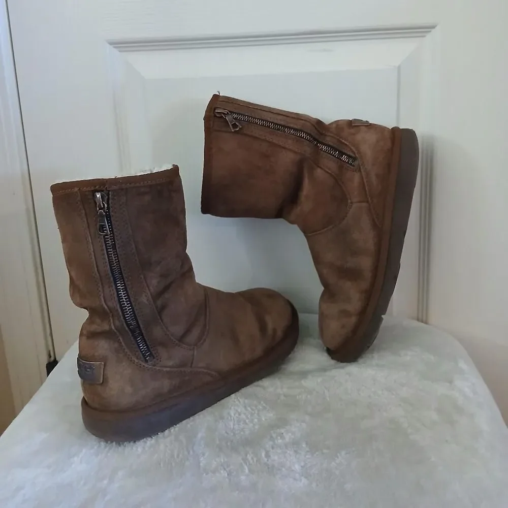 UGG Australia Mayfaire Limited Ed Brown Suede Boots Copper Nameplate & Zipper 7